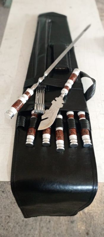 Набор шампуров с  ножом-вилкой в чехле ручки из камня